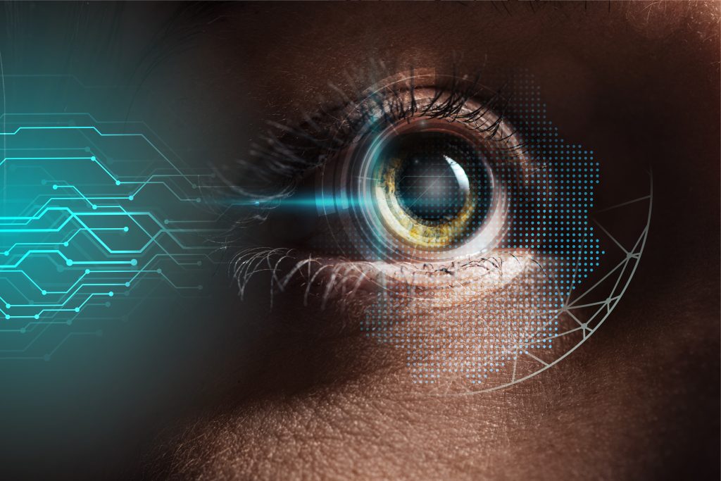 close up view of human eye with data illustration, robotic concept